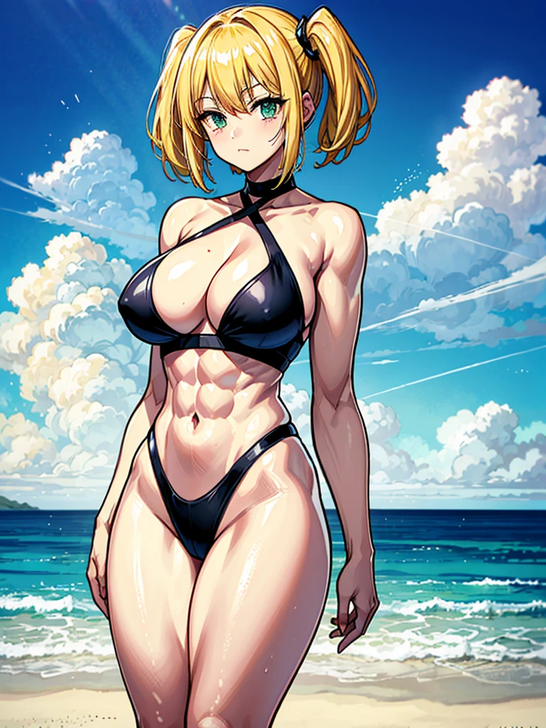 (((masterpiece、Highest image quality、highest quality、highly detailed unity 8kwallpaper)))、((Illustration of one girl))、(((beautiful girl、cool)))、((blonde、pixie cut:1.2、two side up、sidelocks、green eyes))、(((tall、stocky build, thickset physique:1.3, muscular legs, broad shoulders, solid chest)))、swimsuit、sandy beach