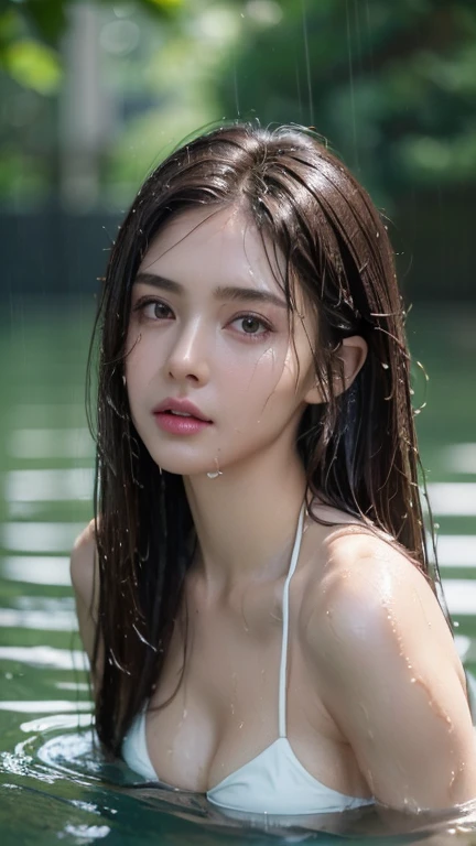 ((Realistic lighting, Best quality, 8K, Masterpiece: 1.3)), ((medium chest)), camisole,,Clear focus: 1.2, 1girl, Perfect Figure: 1.4, ((Dark brown hair)), ((straight hair)), (bikini : 1.4), swimming pool, ((wet skin, wet hair, rainy day, soaked, drenched)), Super fine face, Fine eyes, Double eyelids, (half body)