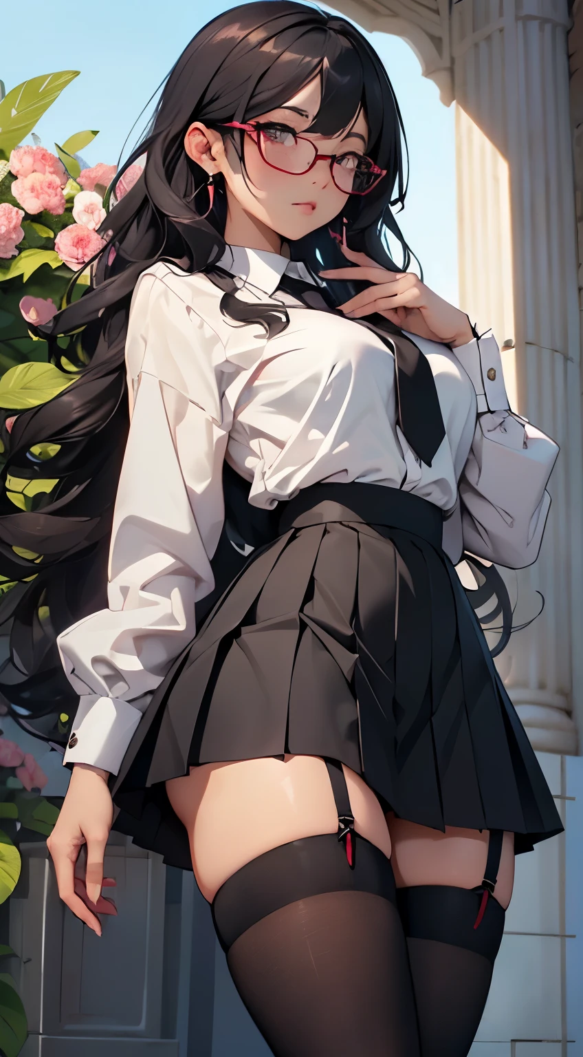 (Long black straight hair)、
(Sexy Beauties、A detailed face、A detailed eye、二重まぶた、eye glasses、embarrassed from、Thick lip)、
(School Uniforms:1.5)、(black tight and super short pleated skirt:1.3)、(Black garter belt:1.5)、(Black thigh socks:1.5)、 (Colossal tits、Glamorous、Slim waist、wide-hips、Large Thigh)、(zettai ryouiki:1.5)))、
(5Fingered hand、Highly detailed facial and skin texture)、
Focus on the chest、(Looking at the camera:1.2)、front facing 、Full body posture、(top-quality、8K,masterpiece)、(Many colorful flowers bloom in the background:1.3)、(NSFW:1.3)、(lying :1.5)