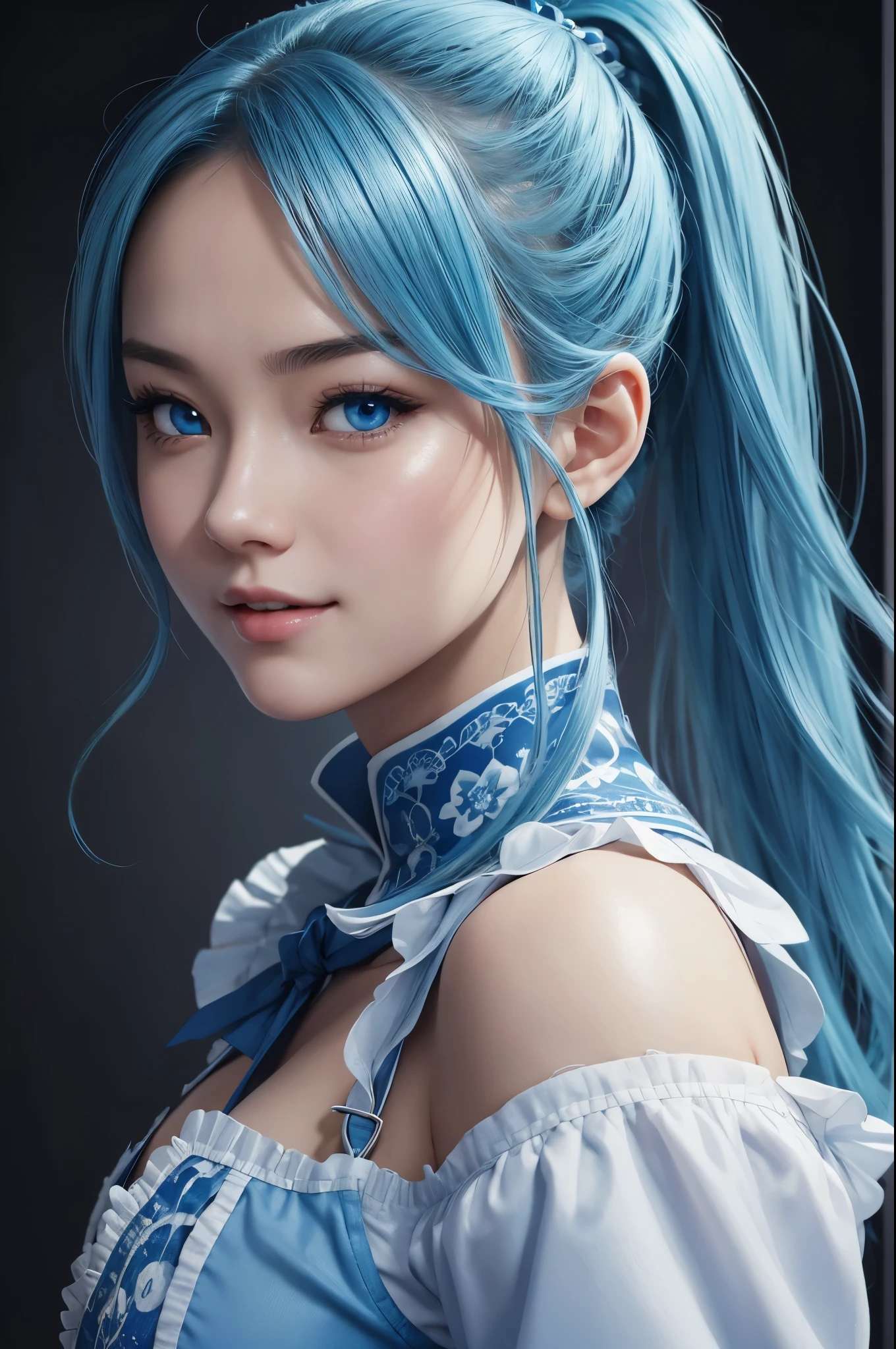 8K,Close up portrait of woman in blue and white dress,blue hair, Super beautiful,(Like the real thing)blue eyes,ponytail,Chenwei Pan On Art Station、 By Jan J.、 detailed fantasy art、great character art、 fan art best art station、 amazing exquisite character art、highly detailed art germ、 Detailed Digital Animation Art、 ArtStation Pixiv の Artgerm、 girl wearing blue and white clothes,dynamic angle,Super high resolution,laughter,skin that looks real,attractive,Sexy,Active,