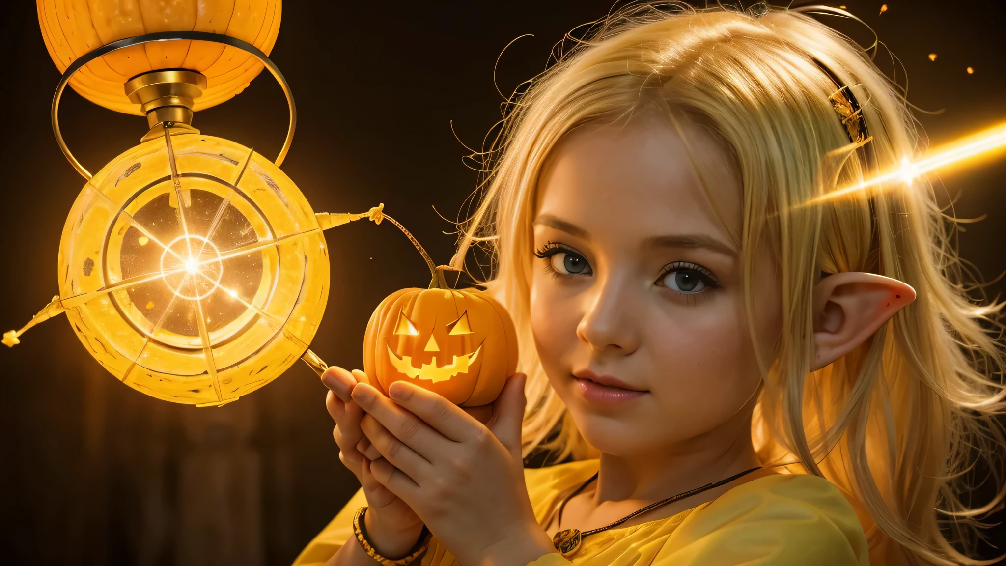 Cute portrait of a blonde elf child holding a jack-o&#39;-lanterna amarela, laser amarela com luz solar. ..