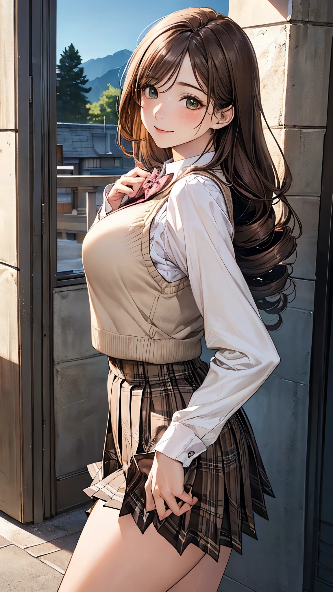 (masterpiece:1.2, top-quality), (realistic, photorealistic:1.4), beautiful illustration, (natural side lighting, movie lighting),
looking at viewer, ((back view, from below)), 1 girl, japanese, high school girl, perfect face, cute and symmetrical face, shiny skin,
(long hair:1.8, drill hair:1.7, dark brown hair), hair between eye, emerald green eyes, long eye lasher, (large breasts:0.9, thick thighs),
beautiful hair, beautiful face, beautiful detailed eyes, beautiful clavicle, beautiful body, beautiful chest, beautiful thigh, beautiful legs, beautiful fingers,
((light pink long sleeve collared shirts, light brown plaid pleated mini skirt, socks, brown loafers, red pleated bow tie, beige sleeveless knitted vest)), pink panties,
(beautiful scenery), evening, riverside, walking, hands on chest, (lovely smile, upper eyes),