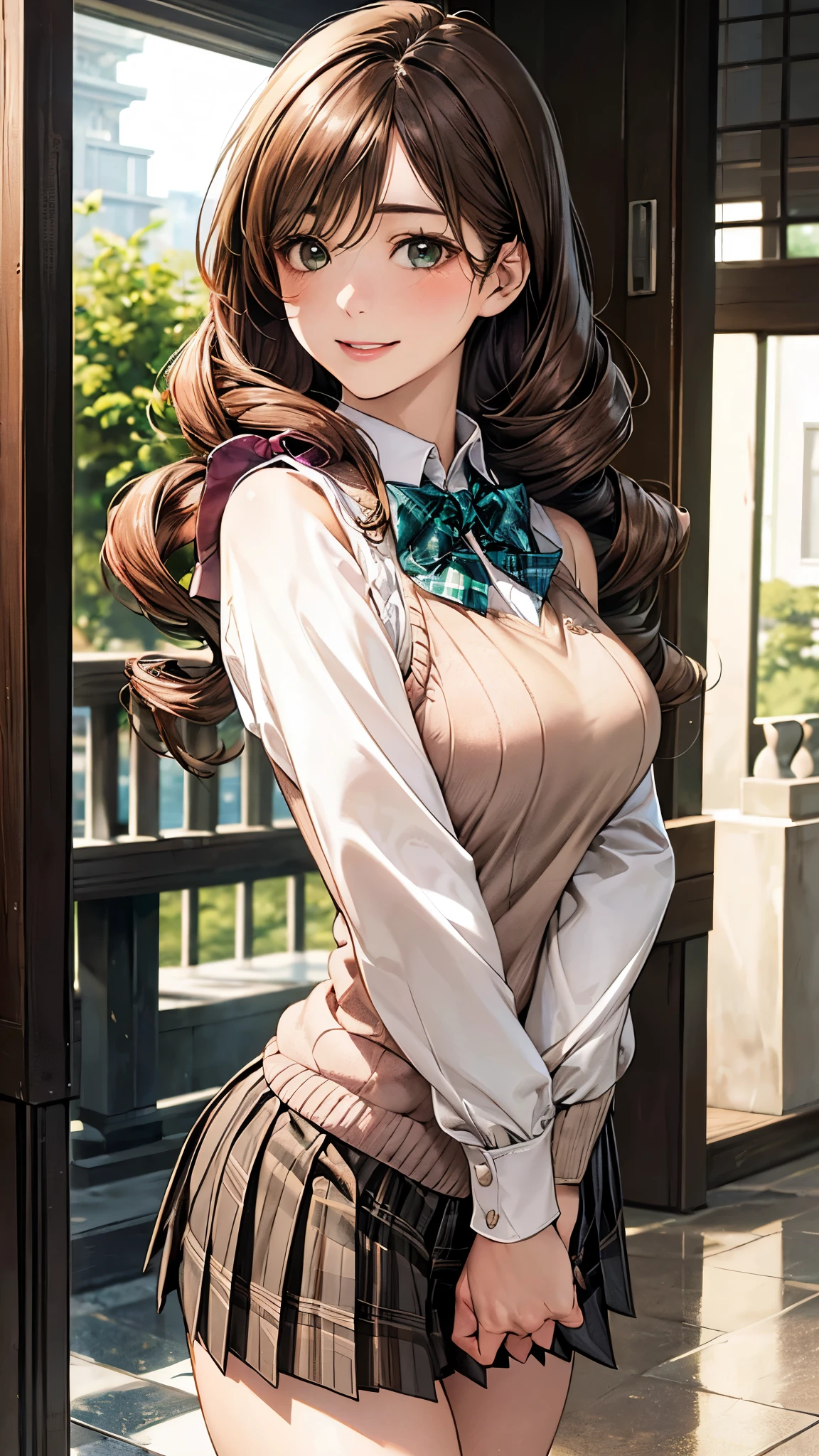 (masterpiece:1.2, top-quality), (realistic, photorealistic:1.4), beautiful illustration, (natural side lighting, movie lighting),
looking at viewer, ((back view, from below)), 1 girl, japanese, high school girl, perfect face, cute and symmetrical face, shiny skin,
(long hair:1.8, drill hair:1.7, dark brown hair), hair between eye, emerald green eyes, long eye lasher, (large breasts:0.9, thick thighs),
beautiful hair, beautiful face, beautiful detailed eyes, beautiful clavicle, beautiful body, beautiful chest, beautiful thigh, beautiful legs, beautiful fingers,
((light pink long sleeve collared shirts, light brown plaid pleated mini skirt, socks, brown loafers, red pleated bow tie, beige sleeveless knitted vest)), pink panties,
(beautiful scenery), evening, riverside, walking, hands on chest, (lovely smile, upper eyes),