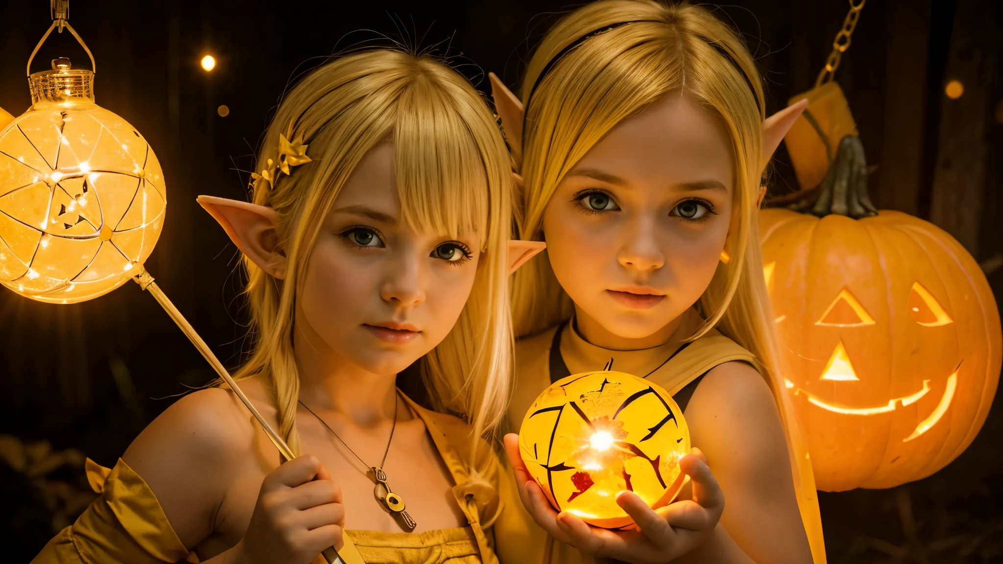 Cute portrait of a blonde elf child holding a jack-o'-lanterna amarela, laser amarela com luz solar. ..