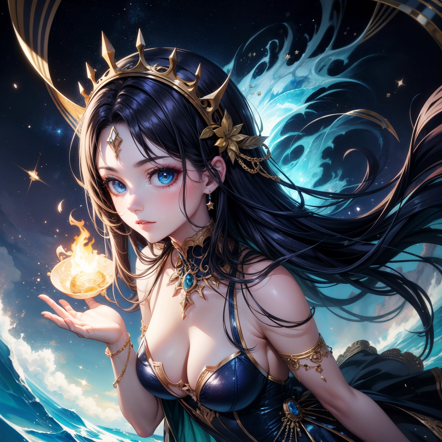 ( high quality , Super detailed, careful with hand )Twelve Zodiac Signs - Aquarius Goddess , similar to latin goodness . optimistic, just, Interesting and intellectual face . reckless, cold-hearted, impatient, overconfident style . dark blue eyes (Eye details) , Dark blue hair with bling bling , ????????????????? , in the ocean of stars , whole body , fire make up look , god Chiron