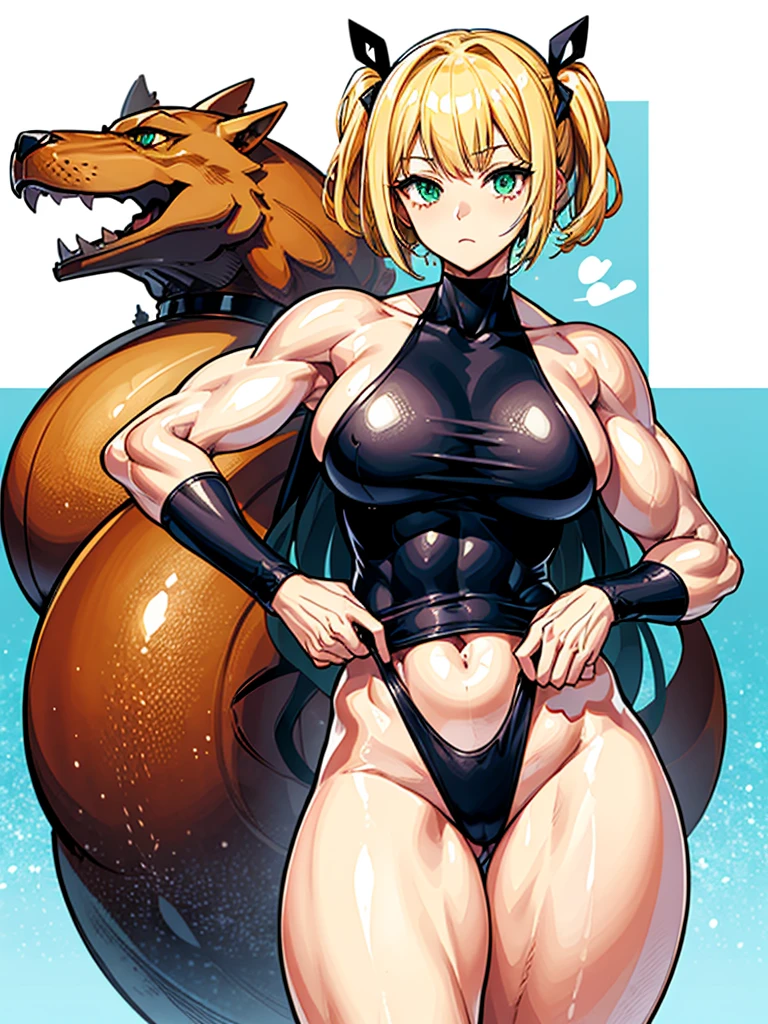 （（（masterpiece、Highest image quality、highest quality、highly detailed unity 8ｋwallpaper）））、（（Illustration of one girl））、（（（beautiful girl、cool）））、（（blonde、pixie cut：1.2、two side up、sidelocks、green eyes））、（（（tall、stocky build, thickset physique：1.3, muscular legs, broad shoulders, solid chest）））、swimsuit、sandy beach