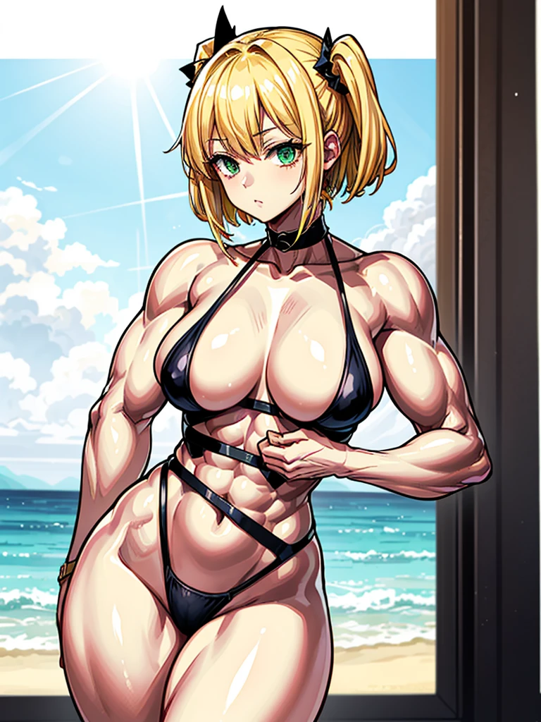 (((masterpiece、Highest image quality、highest quality、highly detailed unity 8kwallpaper)))、((Illustration of one girl))、(((beautiful girl、cool)))、((blonde、pixie cut:1.2、two side up、sidelocks、green eyes))、(((tall、stocky build, thickset physique:1.3, muscular legs, broad shoulders, solid chest)))、swimsuit、sandy beach
