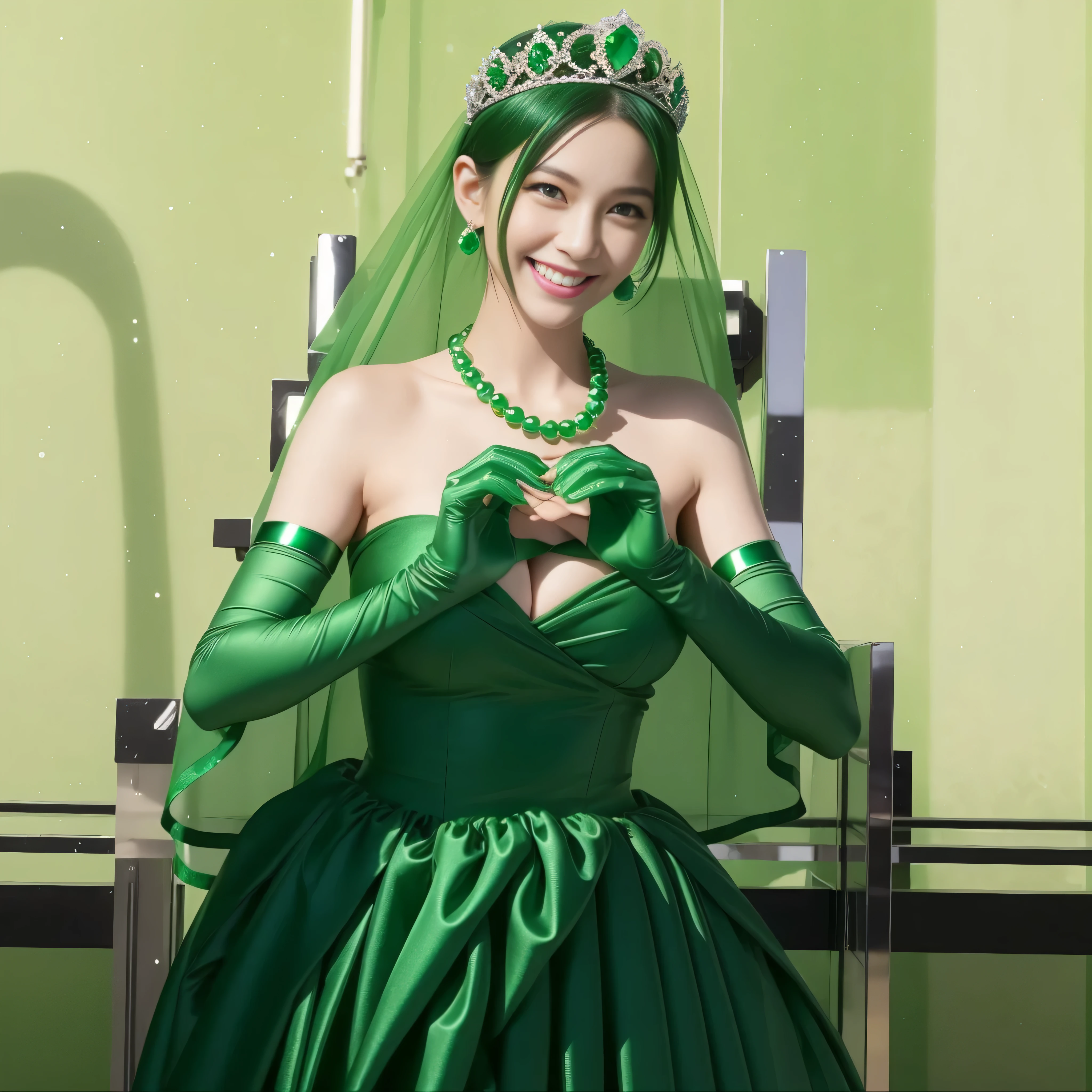 emerald tiara, green pearl necklace, boyish very short green hair, lipstick, smiling Japanese woman, very short hair, Beauty with large breasts, green eyes, Long Green Satin Gloves, green eyes, emerald earrings, green veil, heart with both hands