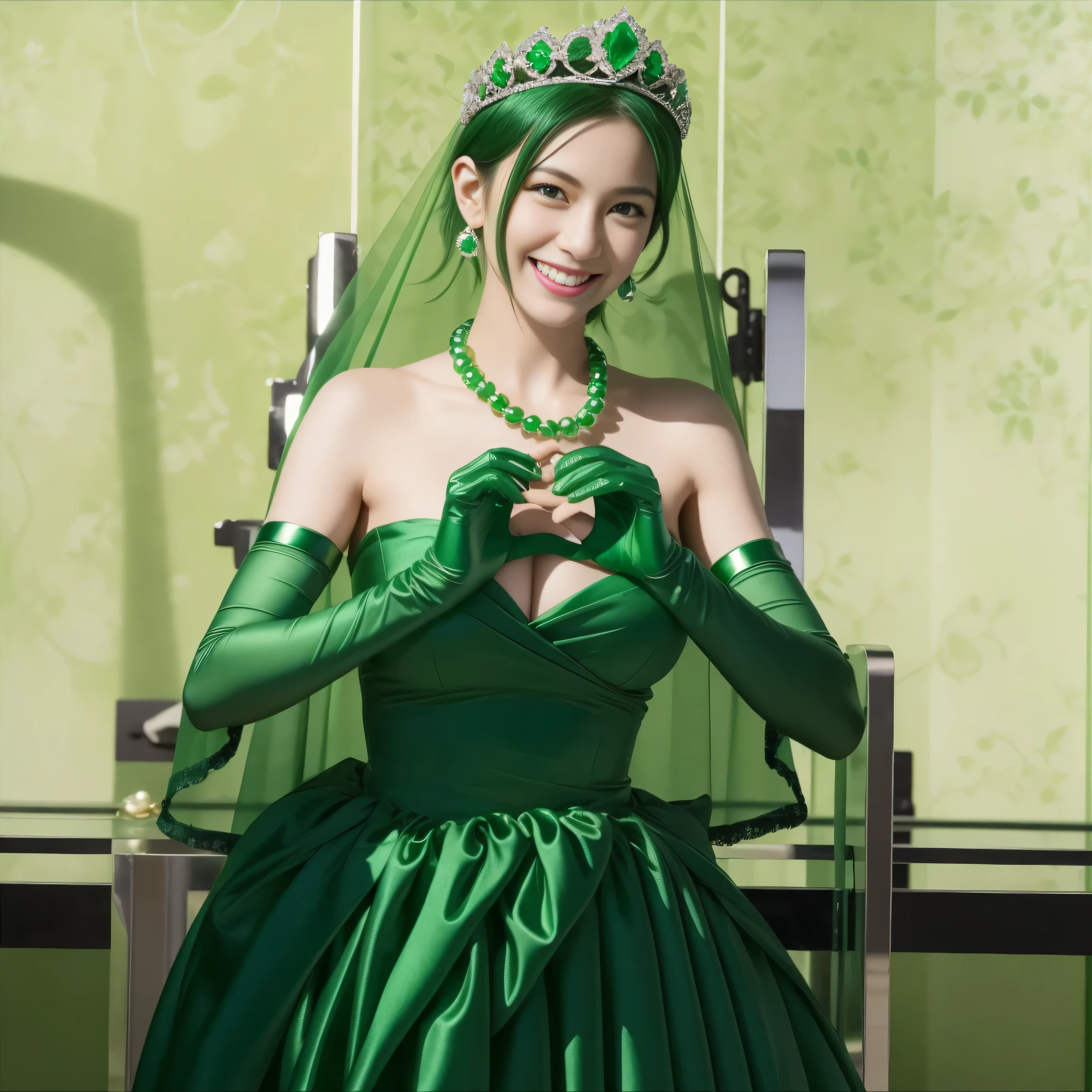 emerald tiara, green pearl necklace, boyish very short green hair, lipstick, smiling Japanese woman, very short hair, Beauty with large breasts, green eyes, Long Green Satin Gloves, green eyes, emerald earrings, green veil, heart with both hands