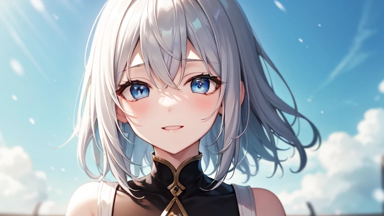 super high quality, with a girl, 20-year-old, very short hair, long bangs between the eyes, pale blue eyes , blue sky, sunlight, very detailed,(masterpiece、highest quality)、alone、gray hair、laughter、White skin as clear as snow、fantasy, silver hair, black eye, beautiful eyes,, ecstasy, charm, be smitten with audience, fantasyな風景、evening
