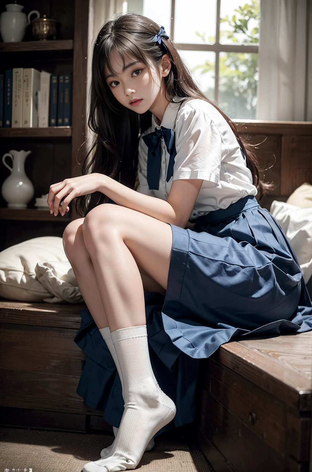20 year old woman, (high top faded: 1.3), (low(low)), (soft focus), HD, masterpiece, HD, HD, 4K, 超HD, Very realistic shadows, Surrealism, 戏剧性的lamp光, a girl, alone, Detailed face, lifelike眼睛, lifelike皮肤, dynamic hair, dynamic poses, dynamic angle, (White shirt), (dark blue bow tie) , (((Dark blue long skirt)))), ((white hem socks))), library background, (original photo: 1.2), (lifelike: 1.4), beautiful and delicate woman, Extremely detailed eyes and face, beautiful and delicate eyes, File size is large, 一个Very detailed的, high resolution, Very detailed, best quality, (bright interior), (soft light), (low对比度), ( see deeply), (Portrait of a beautiful woman illuminated by soft light), (Very delicate and elegant depiction), (short bangs), (Head color dark chestnut,Slightly brownish), (Subtle and silky waves), (long hair两侧错综复杂地编织小辫子), ((white hem socks))), illustration, Very detailed, BAPV, Unite, 8k wallpaper, Astonishing, Exquisite details, best quality, Highly detailed integrated 8K wallpapers so far this year, Coordinating Minister, lamp, 1 girl, 25 years old, (((No)), (camel toe), (half), (Sit on bent knees and legs)), long hair, dark theme, soothing tone, pastel colors, high contrast, (natural skin texture, Surrealism, soft light, No耐烦), Capturing the serene beauty of a young woman immersed in the peaceful atmosphere of a library.. Soft diffused light gently illuminates her features., It emphasizes her sophisticated look and creates a calm atmosphere. Library shelves filled with books,Provide background on knowledge and wisdom. It focuses on capturing models'Natural charm and elegance, Stay calm and consider the nature of the moment. Cute 21 year old Japanese gravure model,Soft body, gray brown wavy hair, Decorate with ribbon, charming appearance. She wears a frilly white blouse, Blue ruffled skirt and white ruffled socks. sitting on bed, She hugged her knees,Staring at the camera, Exudes melancholy charm. Create scenes where beauty and ephemerality intertwine, national foundation
