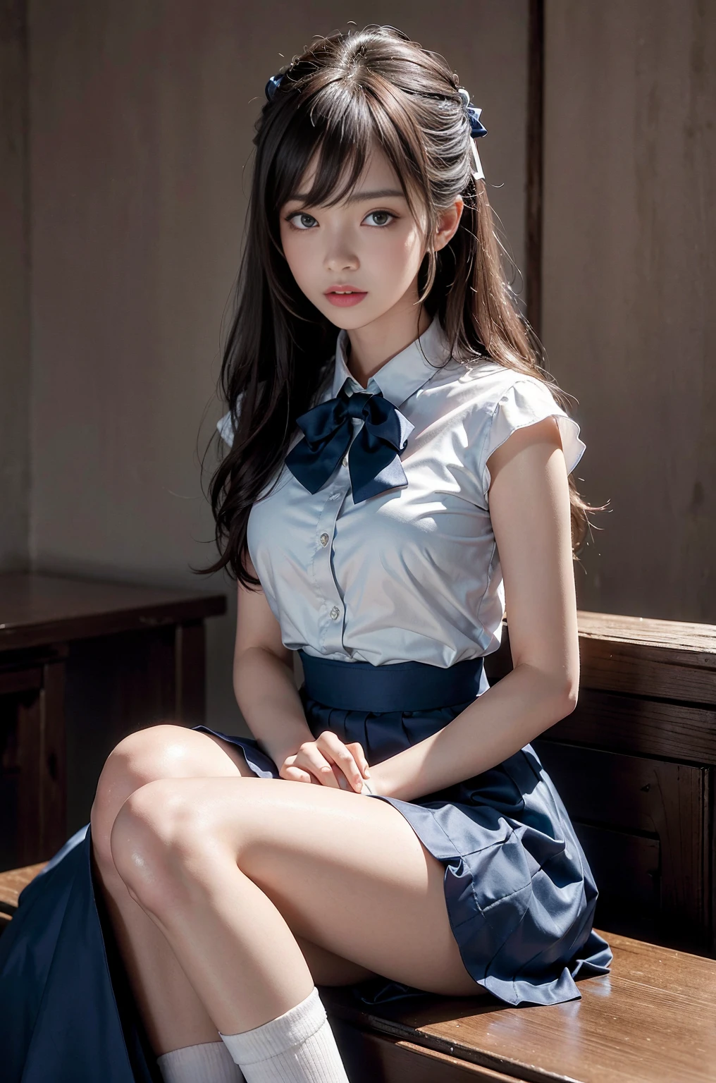 20 year old woman, (high top faded: 1.3), (low(low)), (soft focus), HD, masterpiece, HD, HD, 4K, 超HD, Very realistic shadows, Surrealism, 戏剧性的lamp光, a girl, alone, Detailed face, lifelike眼睛, lifelike皮肤, dynamic hair, dynamic poses, dynamic angle, (White shirt), (dark blue bow tie) , (((Dark blue long skirt)))), ((white hem socks))), library background, (original photo: 1.2), (lifelike: 1.4), beautiful and delicate woman, Extremely detailed eyes and face, beautiful and delicate eyes, File size is large, 一个Very detailed的, high resolution, Very detailed, best quality, (bright interior), (soft light), (low对比度), ( see deeply), (Portrait of a beautiful woman illuminated by soft light), (Very delicate and elegant depiction), (short bangs), (Head color dark chestnut,Slightly brownish), (Subtle and silky waves), (long hair两侧错综复杂地编织小辫子), ((white hem socks))), illustration, Very detailed, BAPV, Unite, 8k wallpaper, Astonishing, Exquisite details, best quality, Highly detailed integrated 8K wallpapers so far this year, Coordinating Minister, lamp, 1 girl, 25 years old, (((No)), (camel toe), (half), (Sit on bent knees and legs)), long hair, dark theme, soothing tone, pastel colors, high contrast, (natural skin texture, Surrealism, soft light, No耐烦), Capturing the serene beauty of a young woman immersed in the peaceful atmosphere of a library.. Soft diffused light gently illuminates her features., It emphasizes her sophisticated look and creates a calm atmosphere. Library shelves filled with books,Provide background on knowledge and wisdom. It focuses on capturing models'Natural charm and elegance, Stay calm and consider the nature of the moment. Cute 21 year old Japanese gravure model,Soft body, gray brown wavy hair, Decorate with ribbon, charming appearance. She wears a frilly white blouse, Blue ruffled skirt and white ruffled socks. sitting on bed, She hugged her knees,Staring at the camera, Exudes melancholy charm. Create scenes where beauty and ephemerality intertwine, national foundation