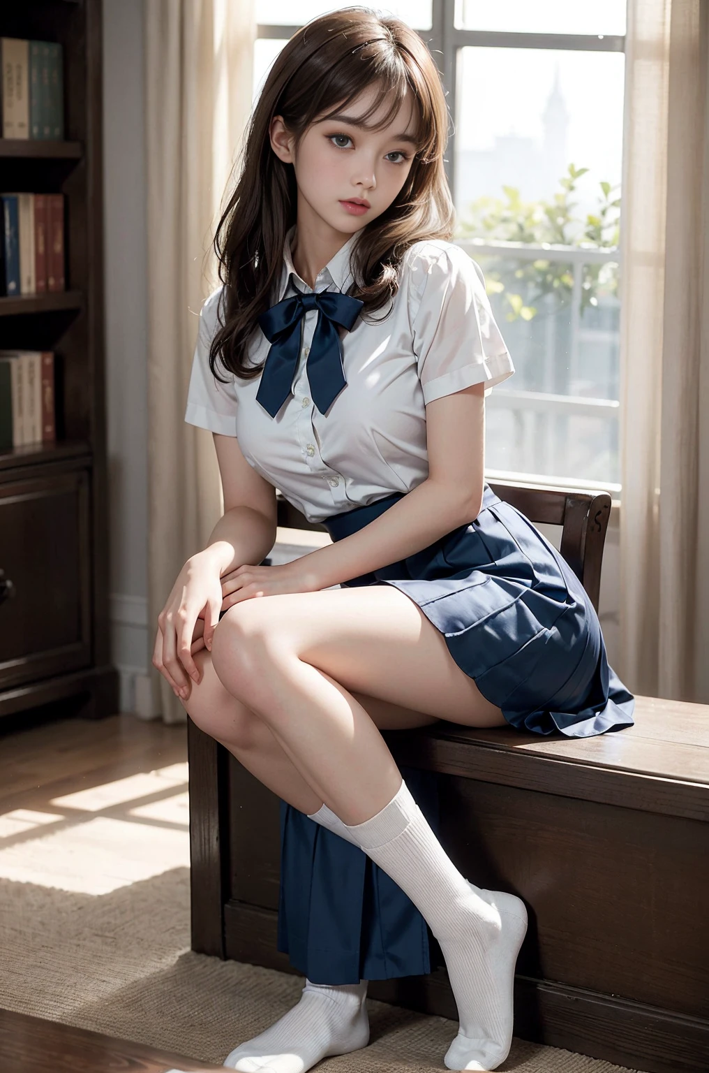 20 year old woman, (high top faded: 1.3), (low(low)), (soft focus), HD, masterpiece, HD, HD, 4K, 超HD, Very realistic shadows, Surrealism, 戏剧性的lamp光, a girl, alone, Detailed face, lifelike眼睛, lifelike皮肤, dynamic hair, dynamic poses, dynamic angle, (White shirt), (dark blue bow tie) , (((Dark blue long skirt)))), ((white hem socks))), library background, (original photo: 1.2), (lifelike: 1.4), beautiful and delicate woman, Extremely detailed eyes and face, beautiful and delicate eyes, File size is large, 一个Very detailed的, high resolution, Very detailed, best quality, (bright interior), (soft light), (low对比度), ( see deeply), (Portrait of a beautiful woman illuminated by soft light), (Very delicate and elegant depiction), (short bangs), (Head color dark chestnut，Slightly brownish), (Subtle and silky waves), (long hair两侧错综复杂地编织小辫子), ((white hem socks))), illustration, Very detailed, BAPV, Unite, 8k wallpaper, Astonishing, Exquisite details, best quality, Highly detailed integrated 8K wallpapers so far this year, Coordinating Minister, lamp, 1 girl, 25 years old, (((No)), (camel toe), (half), (Sit on bent knees and legs)), long hair, dark theme, soothing tone, pastel colors, high contrast, (natural skin texture, Surrealism, soft light, No耐烦), Capturing the serene beauty of a young woman immersed in the peaceful atmosphere of a library.. Soft diffused light gently illuminates her features., It emphasizes her sophisticated look and creates a calm atmosphere. Library shelves filled with books，Provide background on knowledge and wisdom. It focuses on capturing models&#39;Natural charm and elegance, Stay calm and consider the nature of the moment. Cute 21 year old Japanese gravure model，Soft body, gray brown wavy hair, Decorate with ribbon, charming appearance. She wears a frilly white blouse, Blue ruffled skirt and white ruffled socks. sitting on bed, She hugged her knees，Staring at the camera, Exudes melancholy charm. Create scenes where beauty and ephemerality intertwine, national foundation