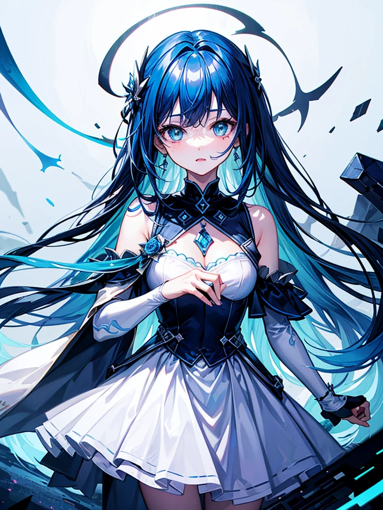(((masterpiece、Highest image quality、highest quality、highly detailed unity 8kwallpaper)))、((Illustration of one girl))、(((beautiful girl)))、blue hair、white clothes