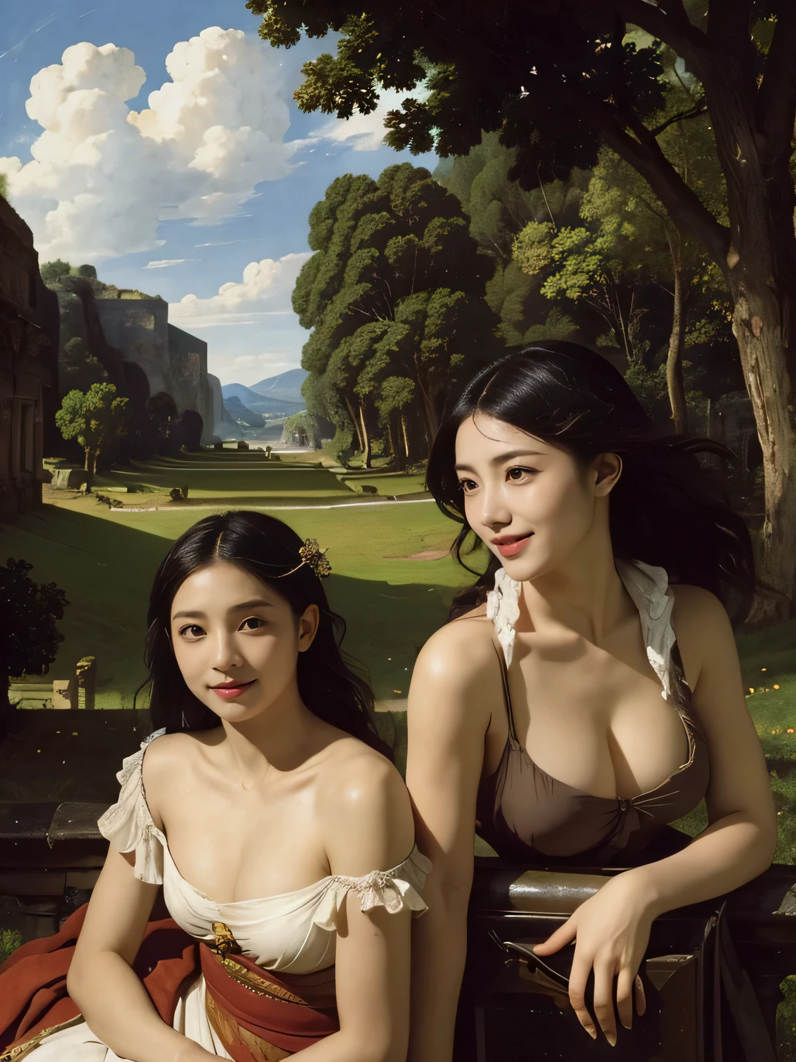 Ancient Roman ruins,Poussin-style landscape,A smile,,Sweet and seductive appearance.、Caravaggio's paintings、Chiaroscuro of Caravaggio、Hair disheveled in the wind,Two women frolicking,Cute smile, Expression of ecstasy,A sexy,Erotic