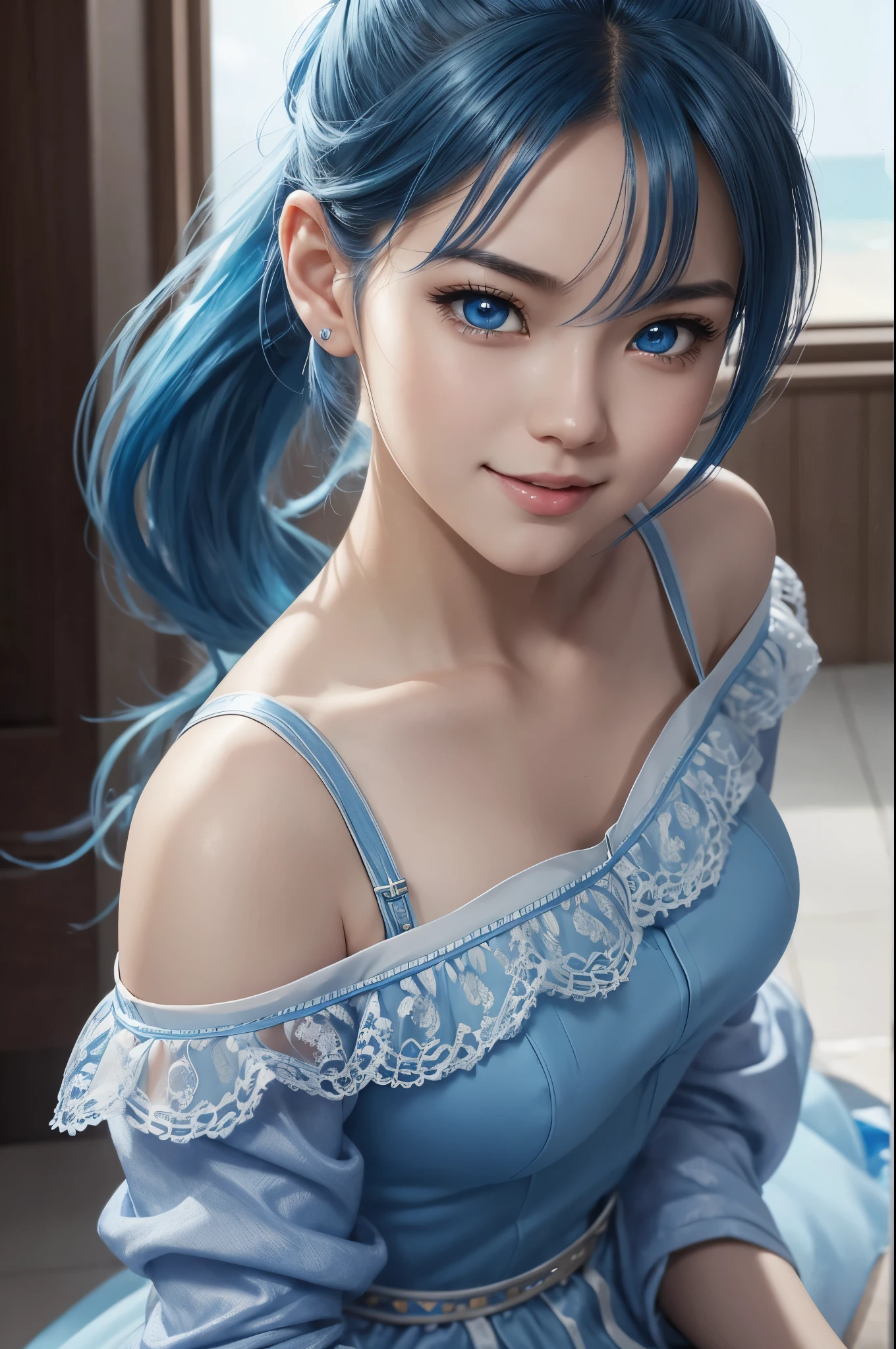 8k,Ultra-high resolution,((Best image quality)), ((masterpiece)), (Attention to detail:1.3), 大きなsmileでblue eyesのジャンヌD'Aak,Paladin,blue eyes,Blonde Perm Blue Hair,Woman in black armor(精密な金色のPaladinの紋章の細工)、Cleavage,We paid special attention to the decoration of the chest armor...、Beautiful expression,charm,sexy,so beautiful(Like the real thing),Carry a big, long sword,smile,Luxury black pants,Blue and black shoulder pads,Blue-black armor,Blue-black leg armor,masterpiece,Photorealistic RAW photos of the highest quality。Bright colors,Rich colors, Backlight, Cinema Lighting, Film Grain, to be born, 50mm lens, Nikon D850,Realistic Skin,Fantasy art,Character Art,Ultra-high resolution,大きなsmile,