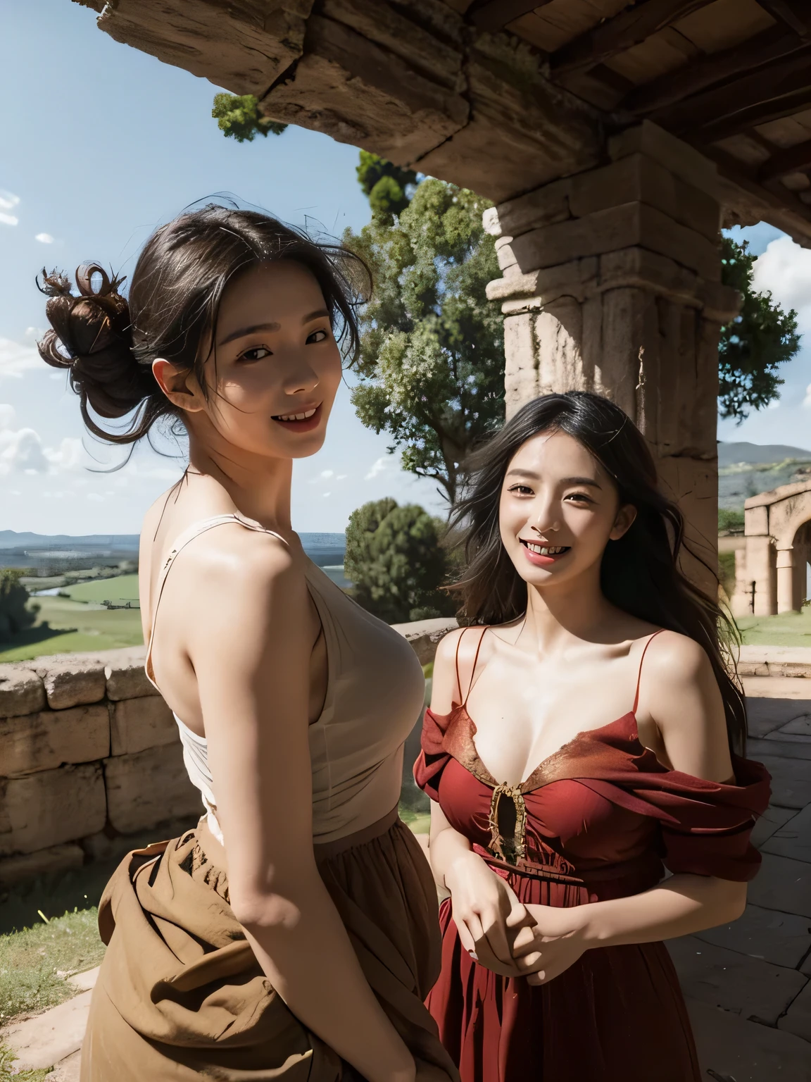 Ancient Roman ruins,Poussin-style landscape,A smile,,Sweet and seductive appearance.、Caravaggio's paintings、Chiaroscuro of Caravaggio、Hair disheveled in the wind,Two women frolicking,Cute smile, Expression of ecstasy,A sexy,Erotic