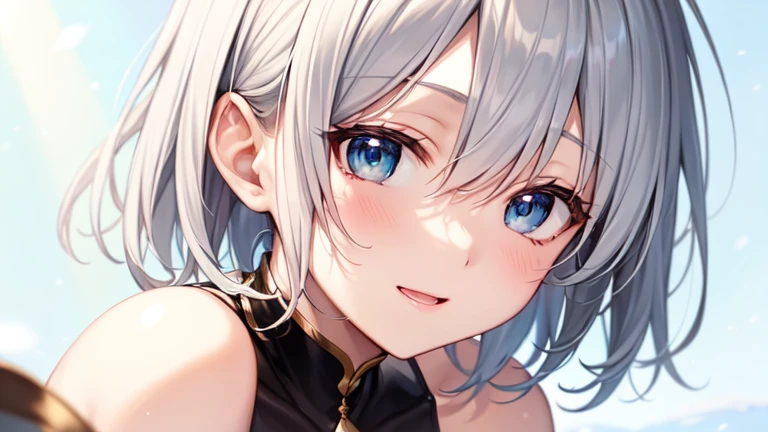 super high quality, with a girl, 20-year-old, very short hair, long bangs between the eyes, pale blue eyes , blue sky, sunlight, very detailed,(masterpiece、highest quality)、alone、gray hair、laughter、White skin as clear as snow、fantasy, silver hair, black eye, beautiful eyes,, ecstasy, charm, be smitten with audience, fantasyな風景、evening