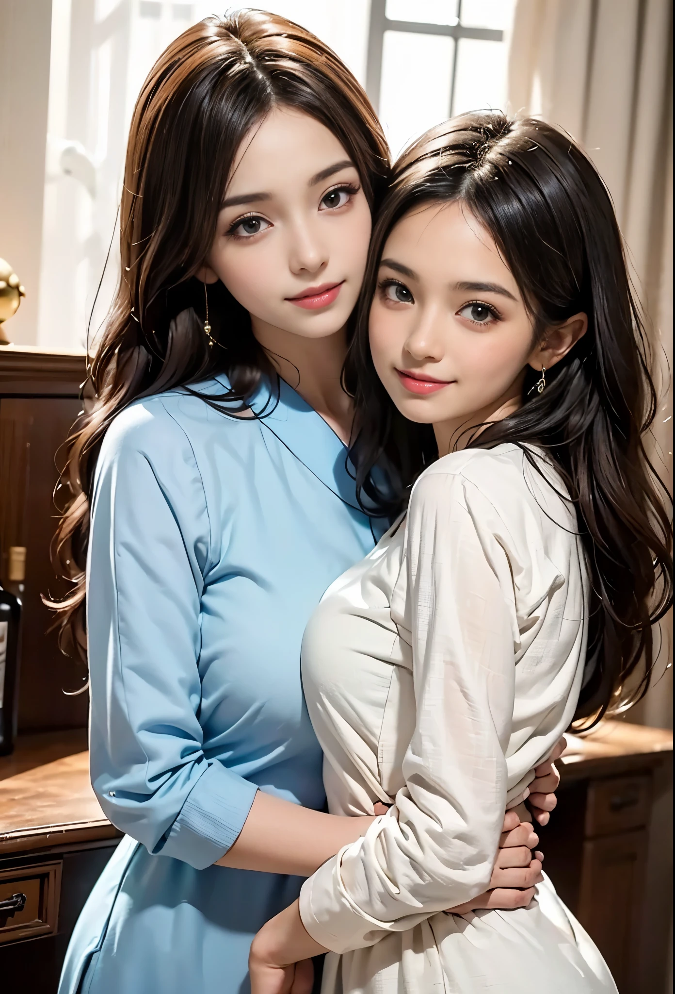 best quality，masterpiece，ultra high resolution，（fidelity：1.4），original photo，Smile，2 girls，25-year-old woman and 8-year-old girl，ladies and little girls, mother and daughter,，charming，