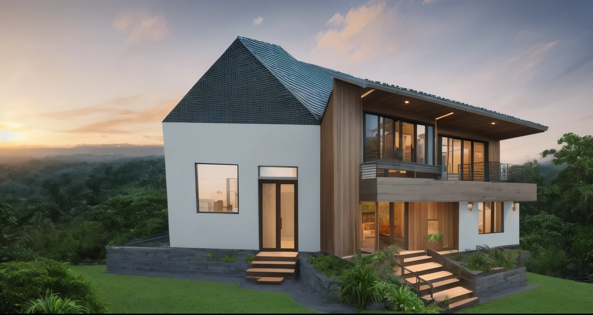 Exterior contemporary house in the sunrise, (halfway up the tropical hill), cladding stone mix with nature wood material, glass rail, plants on balcony, glasses window, nice landscape with tropical trees and plants, green grass, navy blue and orange color scheme