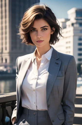 (best quality,4k,8k,highres,masterpiece:1.2),ultra-detailed,(realistic,photorealistic,photo-realistic:1.37),white woman,short brunette hair,businesswoman wearing Ralph Lauren suit,full body,in front of a company,professional,vivid colors,studio lighting,portrait,sharp focus, young woman, 25 years, dark red lips, sexy gaze, woman