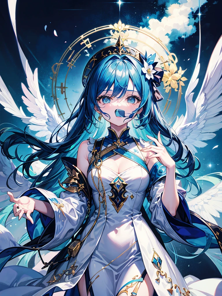 (((masterpiece、Highest image quality、highest quality、highly detailed unity 8kwallpaper)))、((Illustration of one girl))、(((beautiful girl)))、blue hair、white clothes