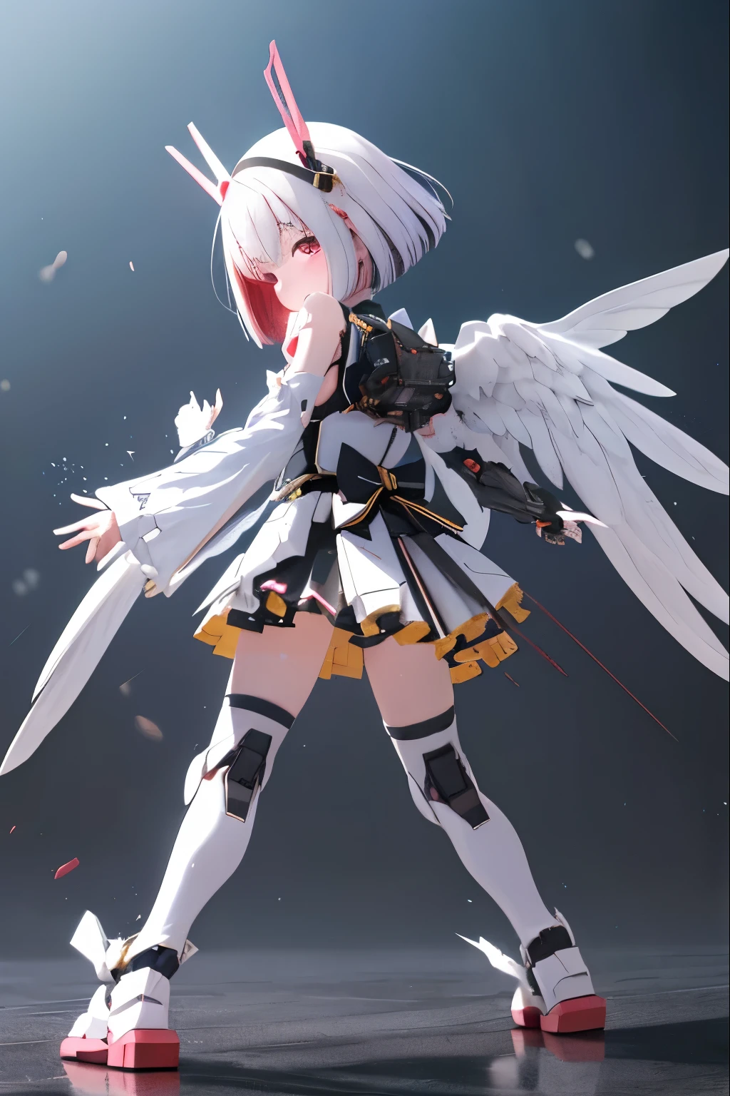 {(japanese young girl)}, (She is fused with futuristic Gundam mecha:1.1), white theme, with headgear, with v-fin , ((unarmored cleavage)), ((unarmored stomach)), ((unarmored upper arms)), ((unarmored face)), (unarmored hands), (unarmored waist), ((unarmored thighs)), (unarmored ankles), japanese girl wear white micro bikini, doggy style:1.2,  full body:1.5, ,destroyed city background, multilayer textureperfect proportions, octane rendering, duotone lighting, Low ISO, wide aperture, White balance, Rule of thirds, ultra HD16k, HDR (High Dynamic Range), Ray Tracing, NVIDIA RTX, Super Resolution, Subsurface Scattering, PBR Texturing, Post Processing, Anisotropic Filtering, Depth of Field, Maximum Clarity and Clarity, High efficiency subpixel, subpixel convolution, particles of light, light scattered, Tyndall effect, full body:1.5, doggy style, cute, (cute:1.2), (bob cut:1.3),三つ編み, 黒髪, 太い眉毛, 薄い色の虹彩, 大きくて輝いている黒い瞳, 長いまつげ, 小さく薄い色の自然な唇, (Average face of Japanese idols), (日本人特有の童顔:1.3), (baby face), 広いおでこ:1.2, ふっくらした頬, 小さな顎, visible side boob, (mechanical wings), holding weapon,holding huge weapon, holding Very large shield, , asymmetric body,looking at viewer,Focus on the eyes,with sleek and menacing design, (完璧な4本の指, 親指1本),