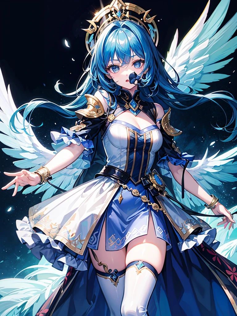 (((masterpiece、Highest image quality、highest quality、highly detailed unity 8kwallpaper)))、((Illustration of one girl))、(((beautiful girl)))、blue hair、white clothes