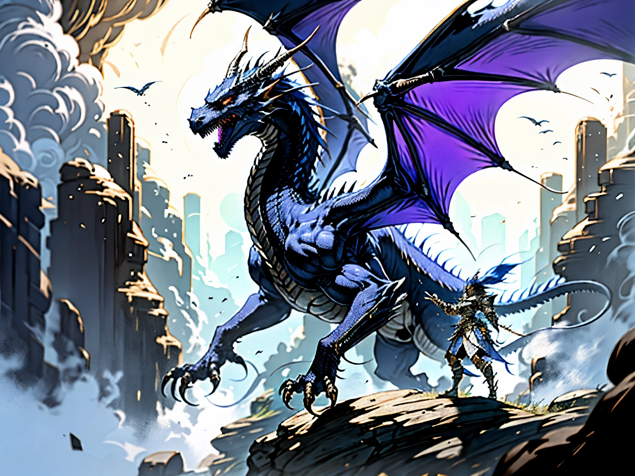 epic confrontation between an adventurer adorned in blue and silver lightweight armor wielding a magnificent radiant sword emitting indigo hues, and a colossal evil black dragon, The adventurer stands firm, facing the immense threat as the sky is shrouded in a dark mist, and the landscape of forests and cities crumbles under the destructive energy emanating from the dragon, Dramatic low-angle shot capturing the adventurer in heroic stance against the towering black dragon, emphasizing the scale and intensity of the battle, high definition, best quality, highres, ultra-detailed, ultra-fine painting, extremely delicate, professional, anatomically correct, creativity, RAW photo, UHD, HDR, 32k, Natural light, cinematic lighting, masterpiece-anatomy-perfect, masterpiece:1.5