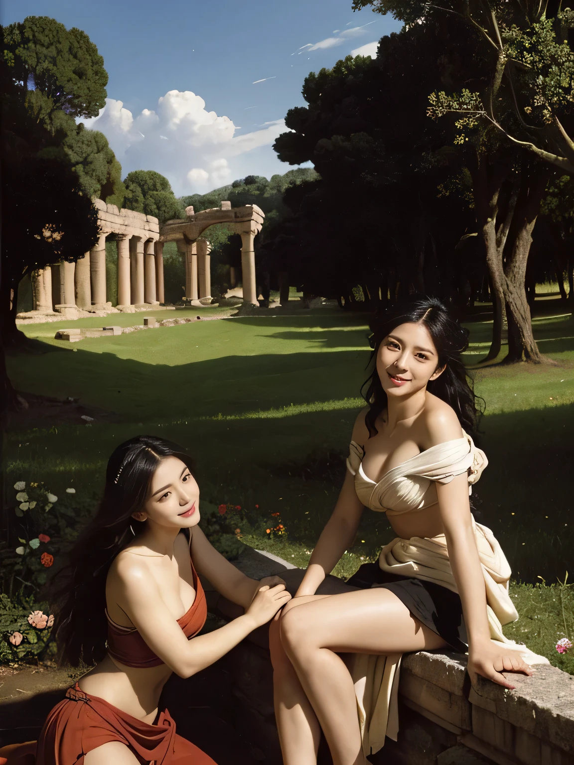 Ancient Roman ruins,Poussin-style landscape,A smile,,Sweet and seductive appearance.、Caravaggio's paintings、Chiaroscuro of Caravaggio、Hair disheveled in the wind,Two women frolicking,Cute smile, Expression of ecstasy,A sexy,Erotic