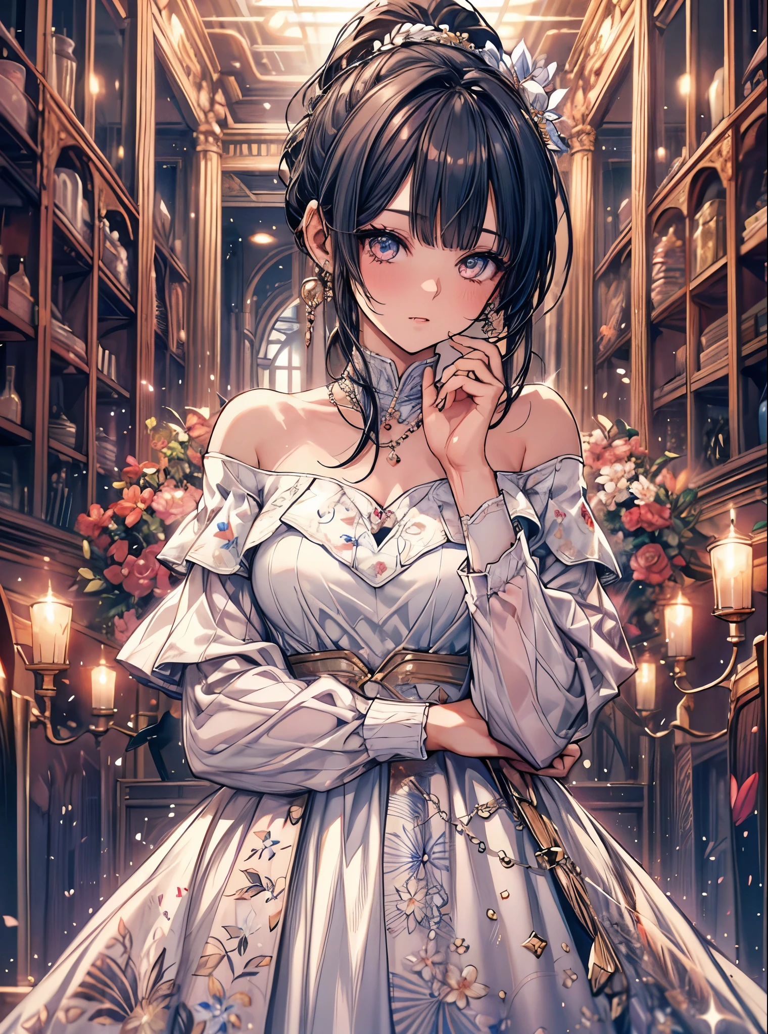 masterpiece, highest quality, High resolution, SA1, Floral pattern off-shoulder mini dress, Sparkly eyes, false eyelashes, Cute atmosphere, ponytail,