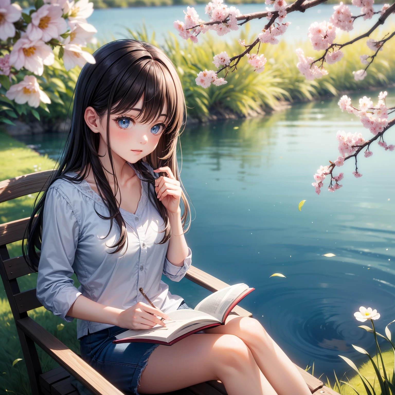 Girl reading by the lake, bright colors, spring, willow branches, Comfortable, warm sunlight