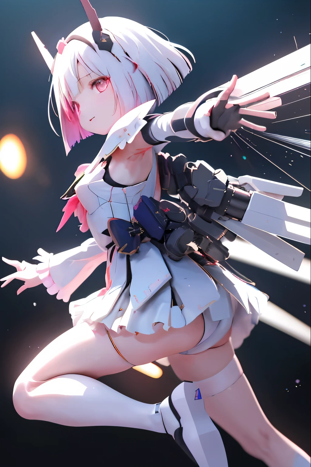 (highest quality)), ((masterpiece)), (very detailed: 1.3), 3D, {(japanese young girl)}, japanese girl wear gothic ta clothes with white frills under armor, wears a futuristic Gundam mecha,(Gundam), with headgear, with v-fin , armored shoulders,armored under arms, armored under legs, multilayer textureperfect proportions, octane rendering, duotone lighting, Low ISO, wide aperture, White balance, Rule of thirds, ultra HD16k, HDR (High Dynamic Range), Ray Tracing, NVIDIA RTX, Super Resolution, Subsurface Scattering, PBR Texturing, Post Processing, Anisotropic Filtering, Depth of Field, Maximum Clarity and Clarity, High efficiency subpixel, subpixel convolution, particles of light, light scattered, Tyndall effect, full body:1.5, (shoot from behind:1.5),(shoot from below), looking back, flying pose, cute, (cute:1.2), (bob cut:1.3),三つ編み, 黒髪, 太い眉毛, 薄い色の虹彩, 大きくて輝いている黒い瞳, 長いまつげ, 小さく薄い色の自然な唇, (Average face of Japanese idols), (日本人特有の童顔:1.3), (baby face), 広いおでこ:1.2, ふっくらした頬, 小さな顎, (mechanical wings),in the sky,looking at viewer,Focus on the eyes ,彼女の足の裏から彼女を見上げる,open legs,