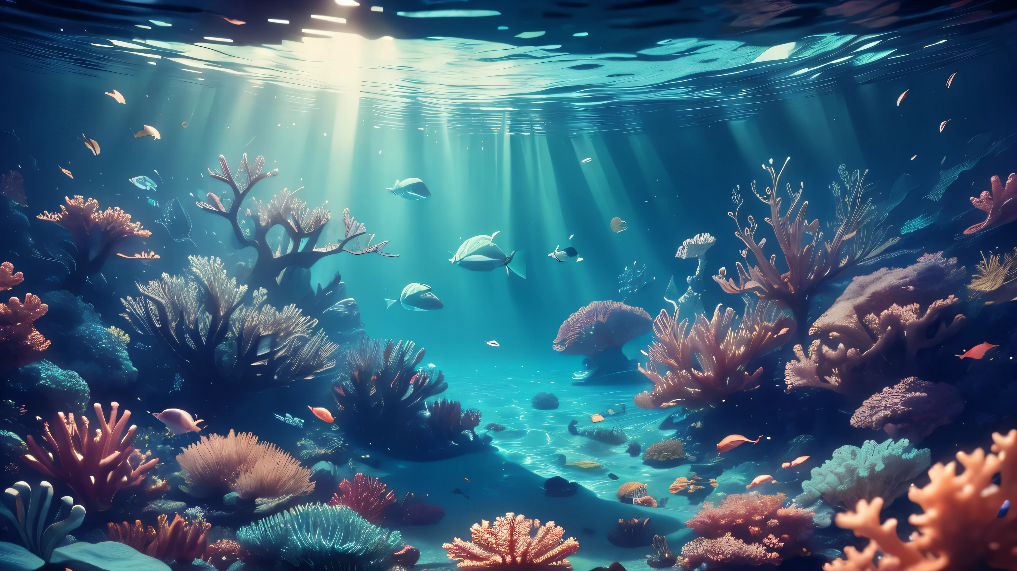 Exotic, warm coral atoll. underwater scene, amazing underwater photo, with coral reefs, and shells. Blue water, light reflections сверху проникают сквозь воду, air bubbles, and exotic - tropical underwater landscape. in a realistic style. Very positive exotic underwater scene. Realistic visualization, in blue and azure tones, light reflections, coral atolls in the background (fish, Crabs, smallmouth, various underwater tropical animals). Highly detailed textures, light reflections, Refraction of light, caustics. 8K, FULL HD, cinematic rendering, Feature film., surrealism, Futurism, chiaroscuro, ray tracing, light reflection, partially underwater shot, first-person view, from below, the panorama, sideways, surrealism, Futurism, Contemporary art, chiaroscuro, shine, ray tracing, light reflection, partially underwater shot, first-person view, wide shot, from below, the panorama, perspective, sideways, UHD, masterpiece, High quality, Award Winning, UHD, masterpiece, accurate, high detail, Award Winning, Best quality, HD, 16 thousand.