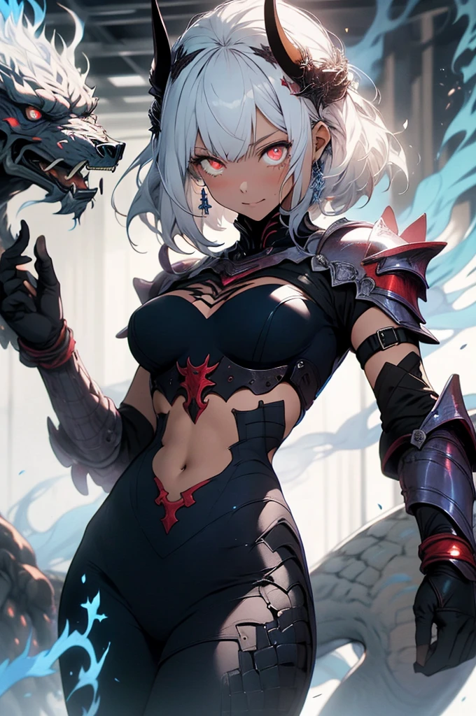 make it realistic,(masterpiece,highest quality,highest quality,very detailed,fractal art,most detailed,(background is abstract:1.5)(1 girl),Kamimei,(hair length),(Shining red eyes and beautiful white hair、big breasts,trained abdominal muscles),crystallization,high leotard,sexy,machine armor、devil's horns、Blake、berserk , (burning blue flame:1.4),(black pencil skirt)