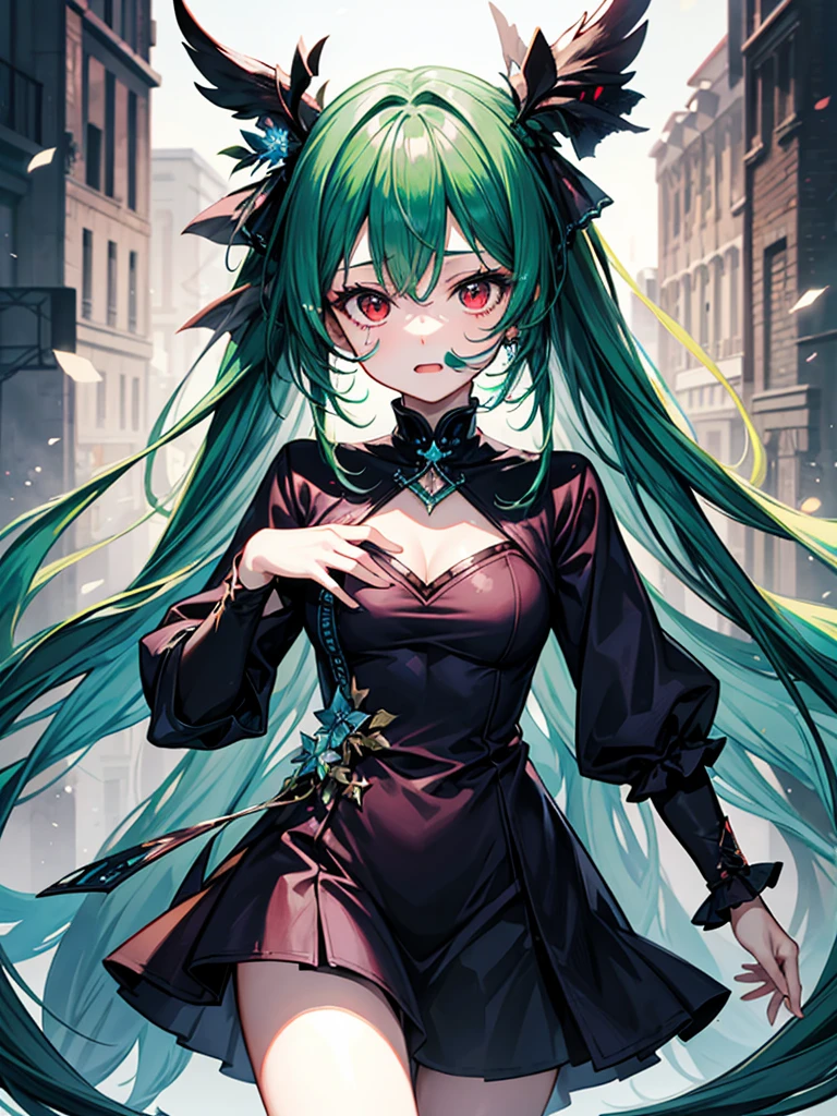 (((masterpiece、Highest image quality、highest quality、highly detailed unity 8kwallpaper)))、((Illustration of one girl))、(((beautiful girl)))、(Emerald green hair、sidelocks:1.2、red eyes)、(((Men)))