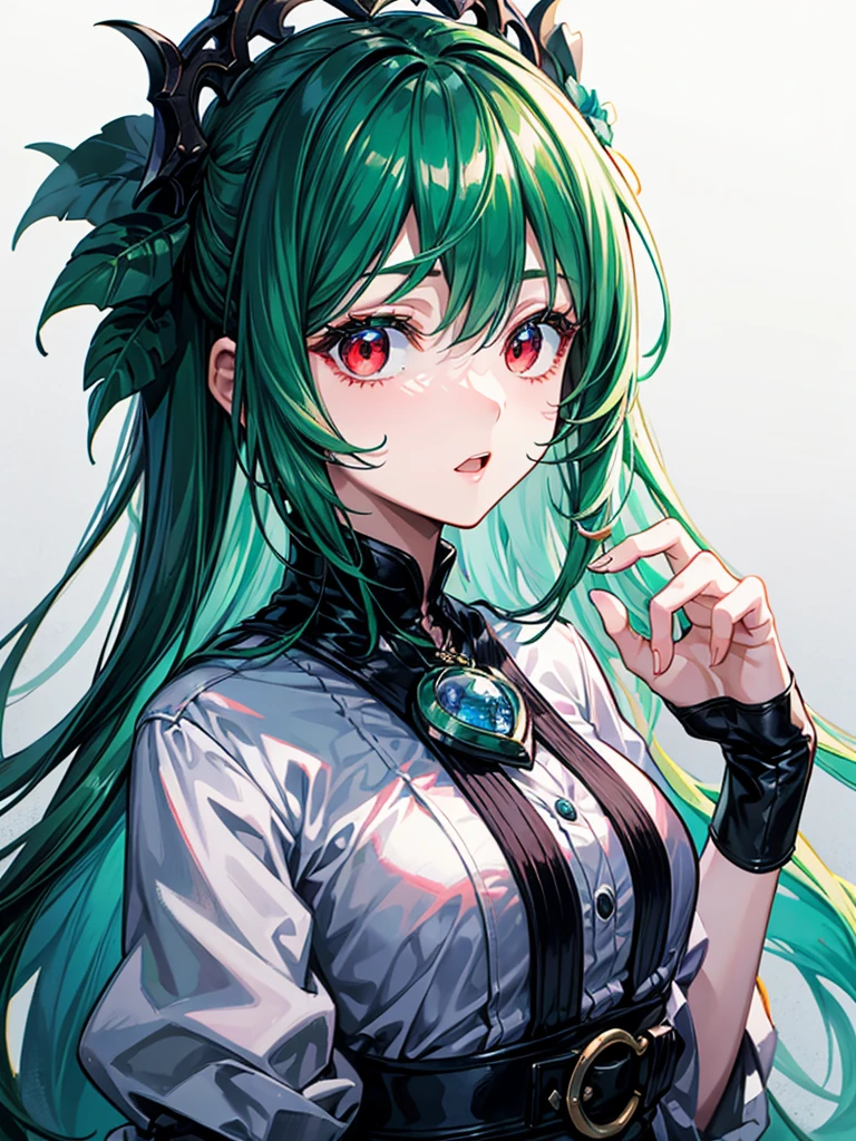 (((masterpiece、Highest image quality、highest quality、highly detailed unity 8kwallpaper)))、((Illustration of one girl))、(((beautiful girl)))、(Emerald green hair、sidelocks:1.2、red eyes)、(((Men)))