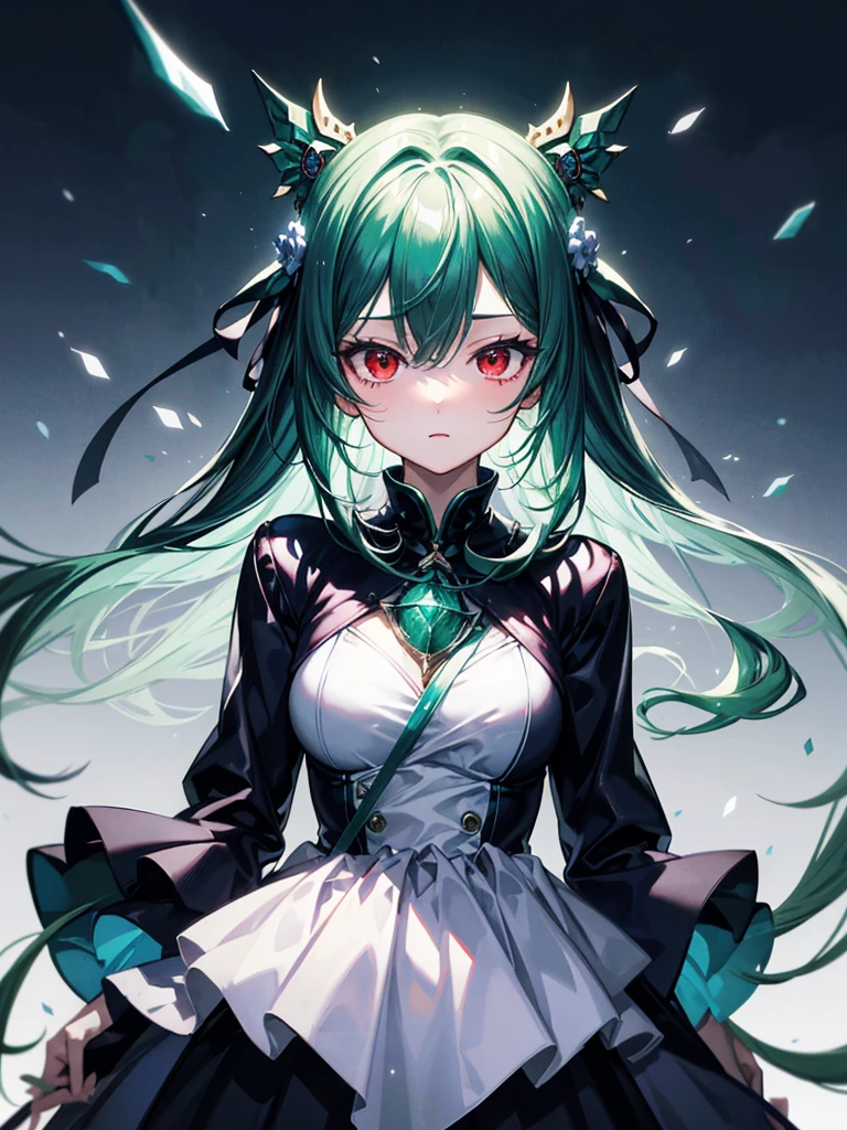 （（（masterpiece、Highest image quality、highest quality、highly detailed unity 8ｋwallpaper）））、（（Illustration of one girl））、（（（beautiful girl）））、（Emerald green hair、sidelocks：1.2、red eyes）、（（（Men）））