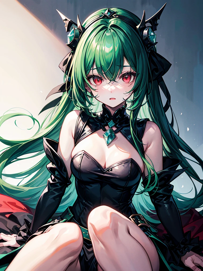 (((masterpiece、Highest image quality、highest quality、highly detailed unity 8kwallpaper)))、((Illustration of one girl))、(((beautiful girl)))、(Emerald green hair、sidelocks:1.2、red eyes)、(((Men)))