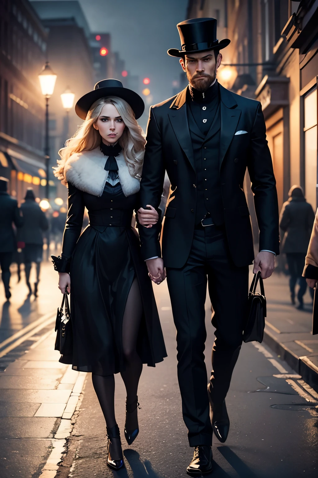 There is fog on the street at night in London, England in the 19th century, and a man and a woman are walking holding hands. The woman's expression looks anxious. The two people are wearing black clothes and the man is wearing a hat. The man doesn't look in a good mood. Men are taller than women. The woman is thin.