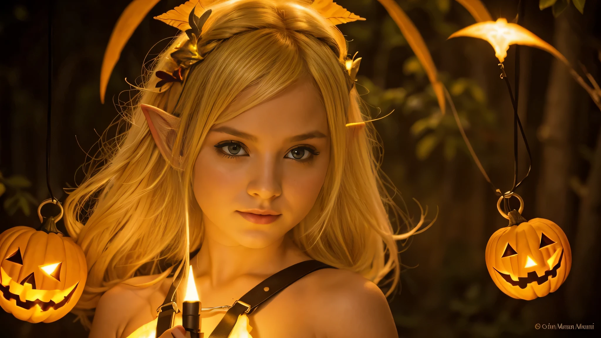 Cute portrait of a blonde elf child holding a jack-o&#39;-lanterna amarela, laser amarela com luz solar. ..