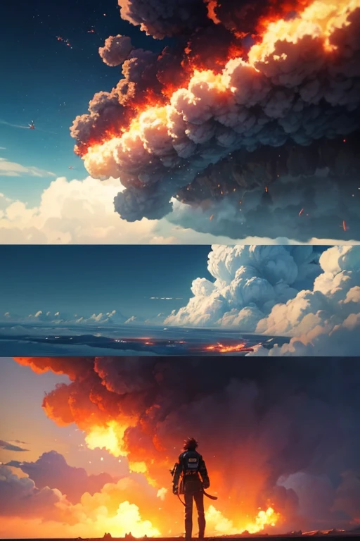 a realistic scene of the end of the world, an erupting volcano covers cities, a mega tsunami destroys boats, and meteorites fall in flames from space