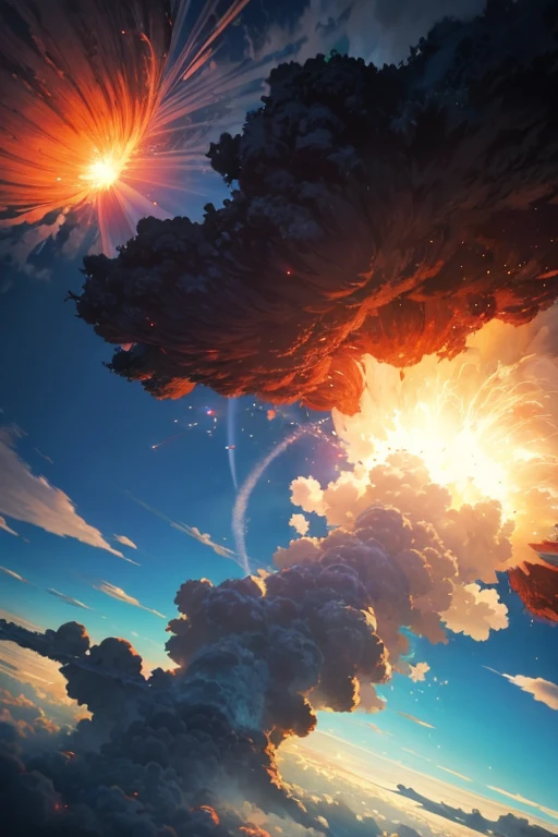 A lot of smoke rises from the clouds, anime bullet vfx, 2012年Animated screenshots, anime vfx, Akira's explosion, emitting spore clouds, Glowing spores fly, Animation movie screenshots, 九郎anime screenshot, Anime Cloud, Atmospheric animation, Animated screenshots, huge explosion, anime screenshot