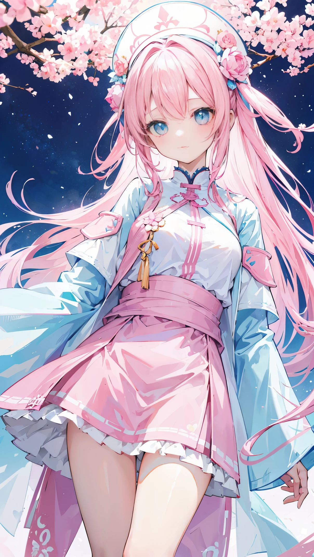 Light pink and white long hair，blue, White and pink clothes，She is a cute and lovely girl，Transfer to senior sister，Looks very light and gentle