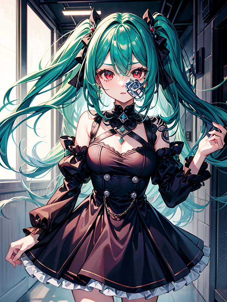 masterpiece,A very delicate painting,highly detailed,Impressionism,Photorealsitic,deep-shadows,blurry backround,realisitic,Cinematic lighting,film grains,perfect anatomy,depth of fields,elaborate design,cowboy shot,cute girl,Hatsune Miku,beautiful eyes,Expressionless,sexy body,tits,super detailed shiny skin,super detailed cute gothic dress,Half-naked,see-through,mini gothic skirt,thighs,thighs,in futuristic cyber city,high buildings,((Skyscraper)),midnight,big moon