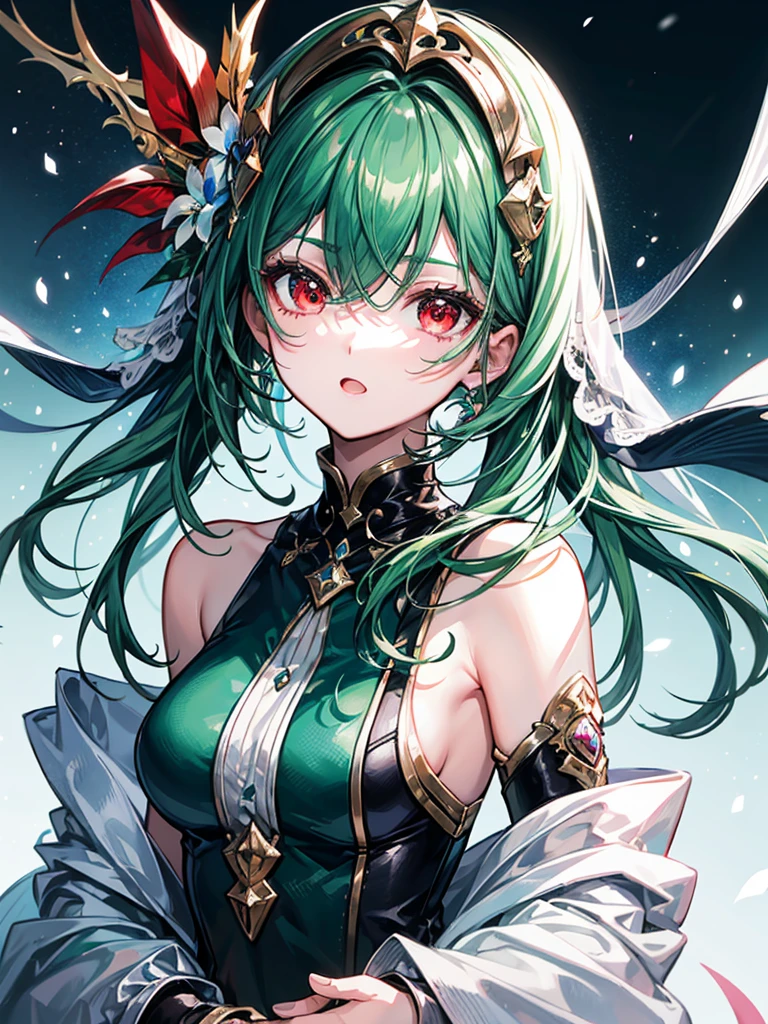 （（（masterpiece、Highest image quality、highest quality、highly detailed unity 8ｋwallpaper）））、（（Illustration of one girl））、（（（beautiful girl）））、（Emerald green hair、sidelocks：1.2、red eyes）、（（（Men）））