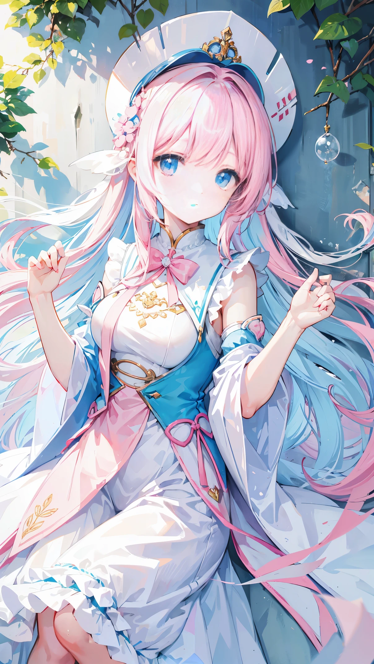 Anime girl with long pink hair and blue eyes in a white dress - SeaArt AI