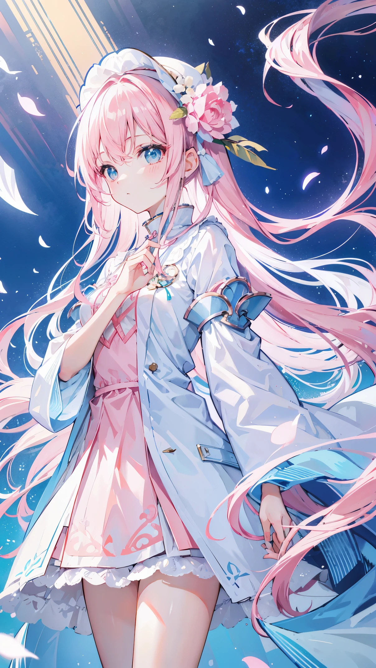 Light pink and white long hair,blue, White and pink clothes,She is a cute and lovely girl,Transfer to senior sister,Looks very light and gentle