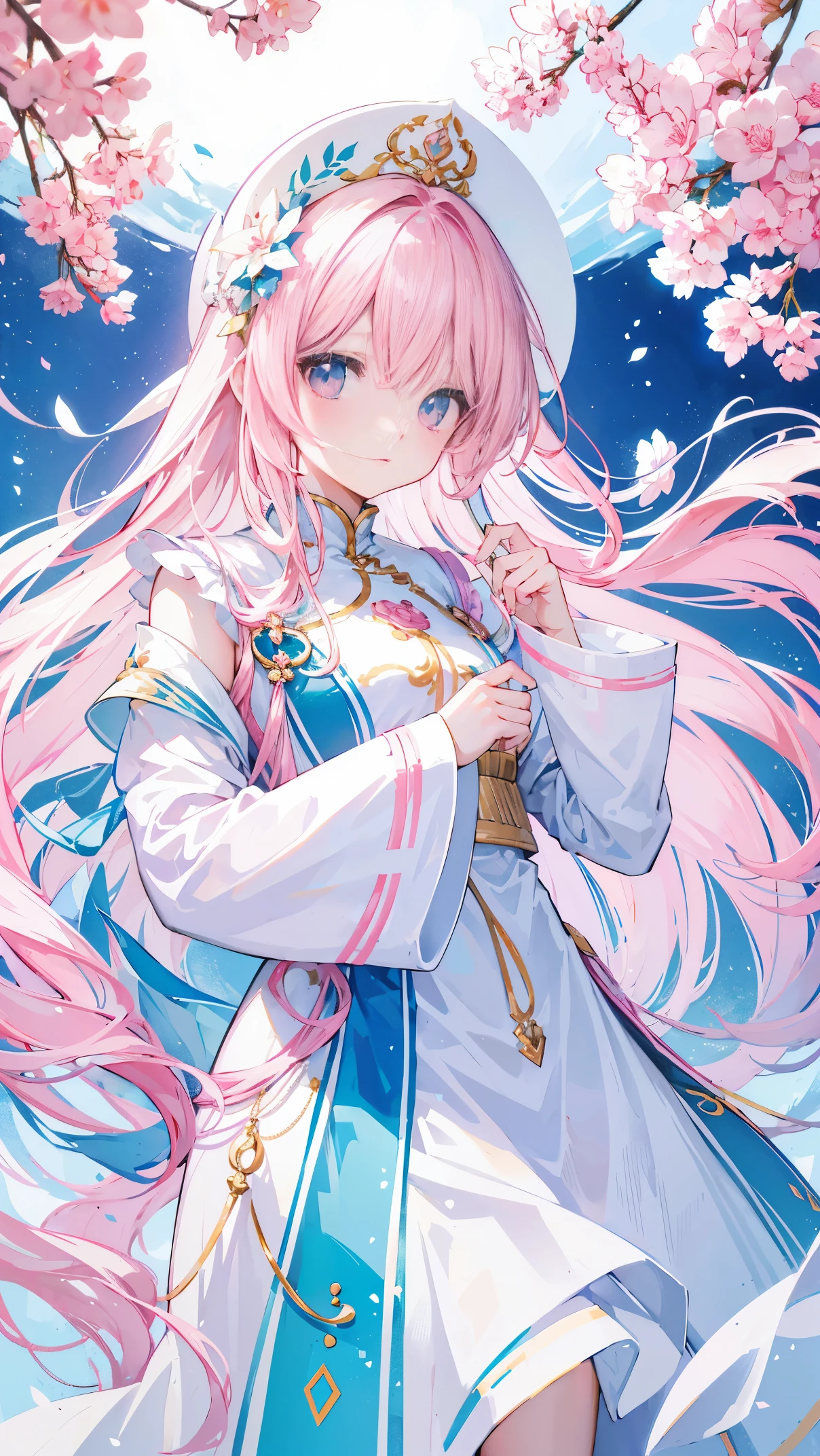 Light pink and white long hair,blue, White and pink clothes,She is a cute and lovely girl,Transfer to senior sister,Looks very light and gentle
