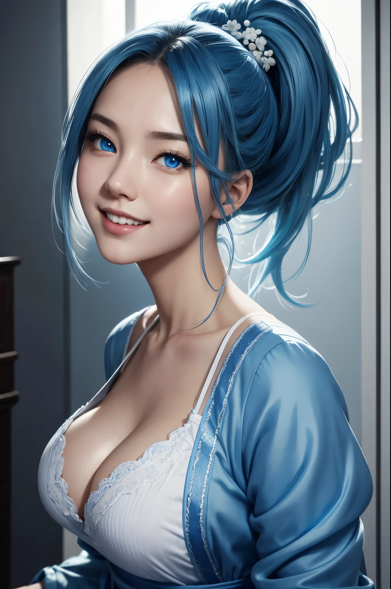 8K,Close up portrait of woman in blue and white dress,blue hair, Super beautiful,(Like the real thing)blue eyes,ponytail,Chenwei Pan On Art Station、 By Jan J.、 detailed fantasy art、great character art、 fan art best art station、 amazing exquisite character art、highly detailed art germ、 Detailed Digital Animation Art、 ArtStation Pixiv の Artgerm、 girl wearing blue and white clothes,dynamic angle,Super high resolution,laughter,skin that looks real,attractive,Sexy,Active,big breasts,